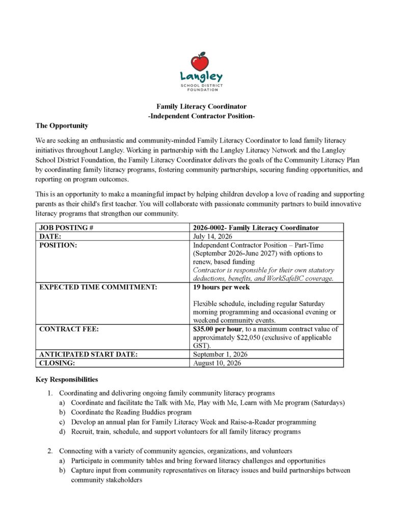 Enhancing the accessibility and value of education for all Langley School District students. | Job Posting Family Literacy Coordinator Page 1