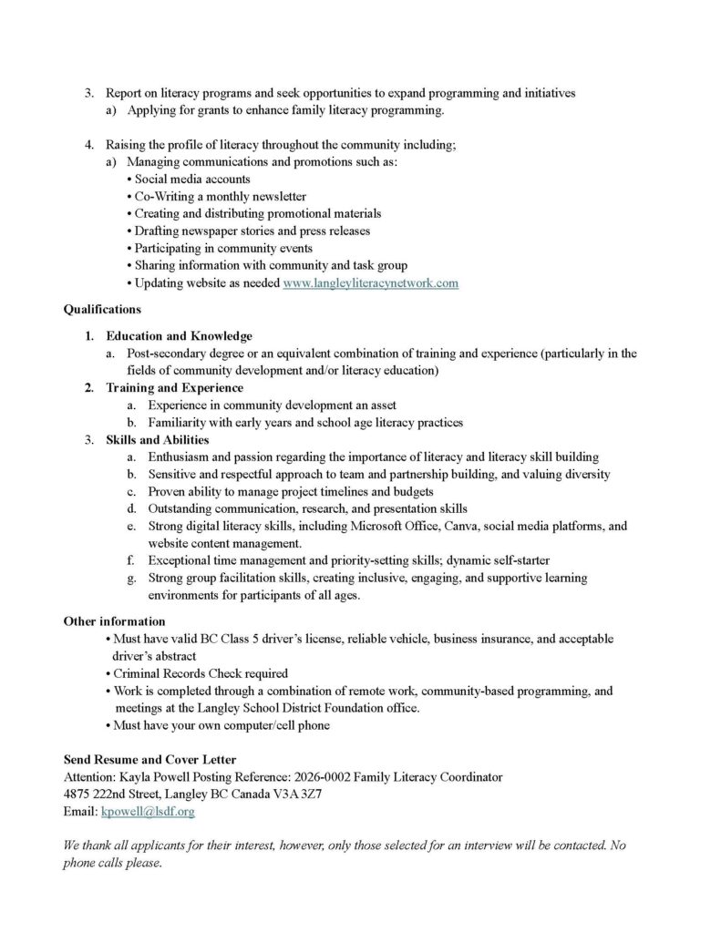 Enhancing the accessibility and value of education for all Langley School District students. | Job Posting Family Literacy Coordinator Page 2
