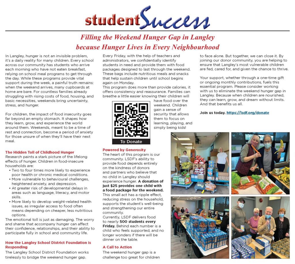Filling the Weekend Hunger Gap | Filling the Weekend Hunger Gap in Langley | 1 Enhancing the accessibility and value of education for all Langley School District students. | REV pg 6 BPM342035 hr